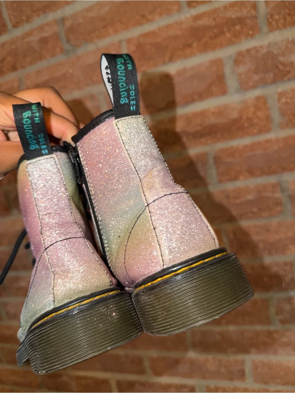 Dr. Martens Iridescent Glitter Lace-Up Boots in Pink and Silver